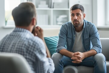Male patient having consultation with doctor in medical clinic or hospital mental health service center
