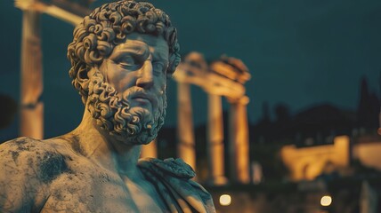 a muscular stoic statue looking to the camera ancient