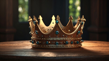 A gold crown with red and white jewels.