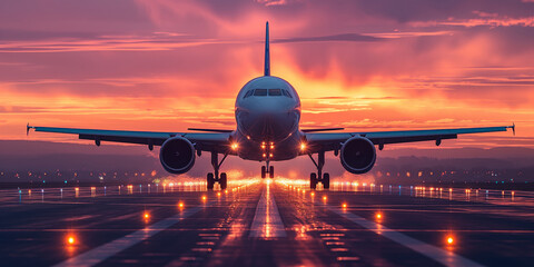 An airplane landing on the runway. Front view at sunset