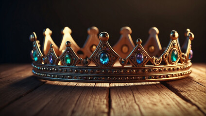 A golden crown with rubies and emeralds on a wooden table.