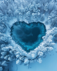 A lake in the winter forest landscape in the shape of a heart.