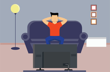 relaxing at home person sitting on a comfortable couch and watch tv flat cartoon