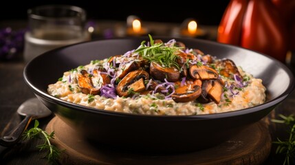 Mushroom Risotto Served on Lavender background