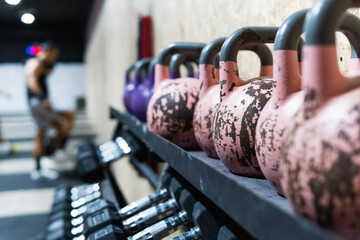 Closeup image of a kettle balls at gym