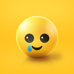 Fototapeta premium Happy with a tear Emoji stress ball on shiny floor. 3D emoticon isolated.