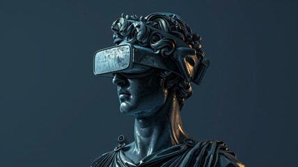 Classical sculpture akin featuring intricate virtual reality goggles - obrazy, fototapety, plakaty