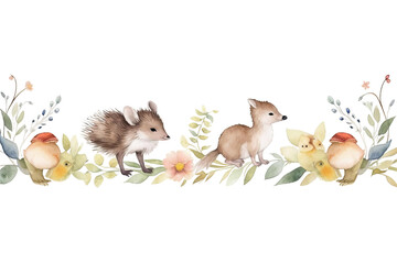 hedgehog goose mouse cute floral Watercolour border Seamless animals watercolour - obrazy, fototapety, plakaty