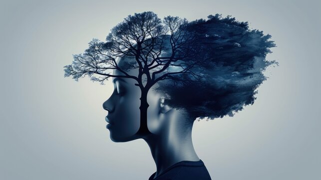 Surreal human-tree silhouette on twilight sky