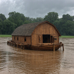 Noah's Ark amidst the pouring rain during the flood.