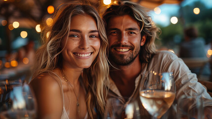 happy smiling couple sitting together and having a romantic evening while toasting a glass of white wine,generative ai