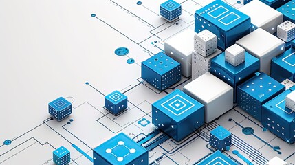 3D digital blocks on blueprint background