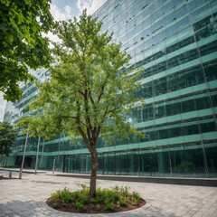 Sustainable green building. Eco-friendly building. Sustainable glass office building with tree for reducing carbon dioxide. Office with green environment. Corporate building reduce CO2. Safety glass.