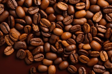 Obraz premium Superior view of toasted coffee beans, scattered on a brown paper texture backgr, generative IA