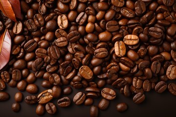 Obraz premium Superior view of toasted coffee beans, scattered on a brown paper texture backgr, generative IA