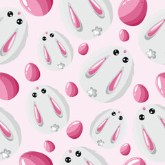seamless easter poster with easter eggs painted as gray rabbit with pink eggs on pale pink background, for poster, banner or holiday card