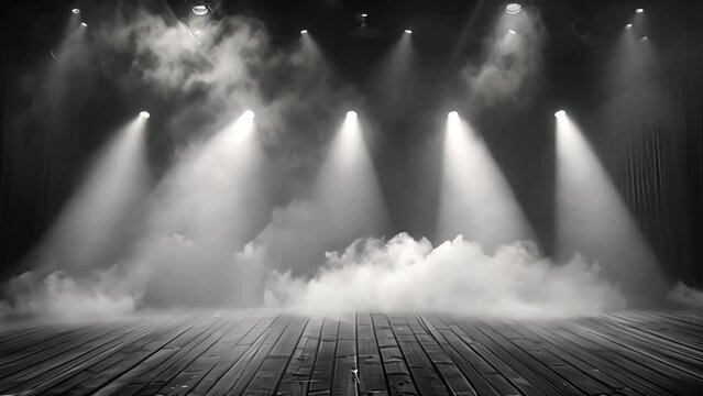 Stage light and smoke on stage with spotlights black and white. Stage lights. spotlights and white laser holograms spins, turns and emits light bright beams. Lighting equipment and light effects 4k