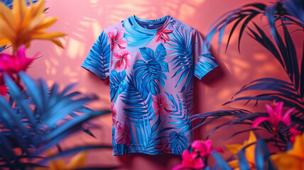 a t-shirt mockup with jungle leaf and fruit patterns on a pastel pink background,generative ai - obrazy, fototapety, plakaty