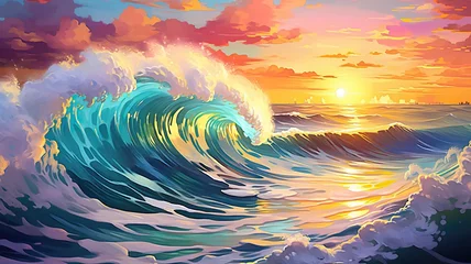 Poster Colorful Ocean Wave. Sea water in crest shape. Sunset light and beautiful clouds on background. Colorful ocean wave. Sea water wave shape. © May