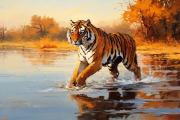 Fototapeta na wymiar Majestic tiger in natural wilderness realistic oil painting illustration in vibrant colors