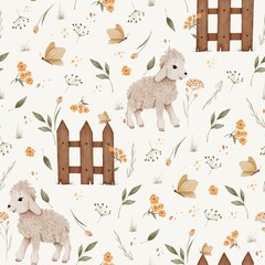 Seamless animals watercolor pattern. Cute lambs with flowers and butterflies on a milky background for children’s products, fabric, wallpaper and other design © Zabolotna_Art