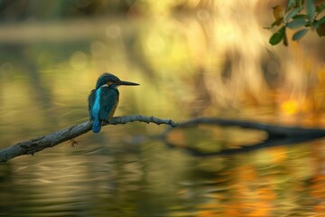 colorful kingfisher bird sits calmly on a tree branch, against a soft-focus background with warm hues