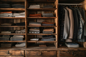 Assorted folded men's clothing on wooden shelves. Close-up retail display of casual fashion. Wardrobe organization and interior concept. Design for textile, interior, print.