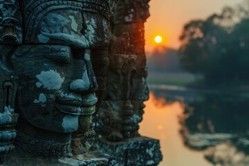 Fototapeta premium Angkor Thom, Cambodia: Stone Asura Face at Ancient Khmer Temple Ruin with Stunning Sunset Over Moat - Travel and Religion