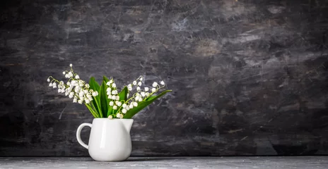 Rolgordijnen Bouquet spring white Lily of the valley. Floral still life on gr © Yasonya