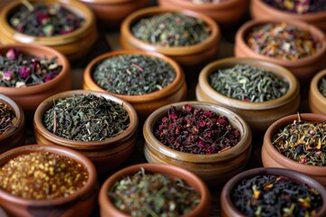 Assortment of Delicious Dry Tea. Ceramic Bowls with Herbal Green and Aromatic Beverages for Breakfast and Afternoon Tea Ceremony