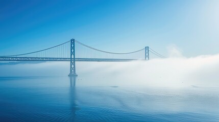 Bay Bridge Suspension. San Francisco-Oakland East Span in Low Fog, Capturing the Iconic Architecture Against the Blue Sky