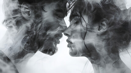 Sentimental smoky blurred young couple portrait black and white on white background.  generative ai 