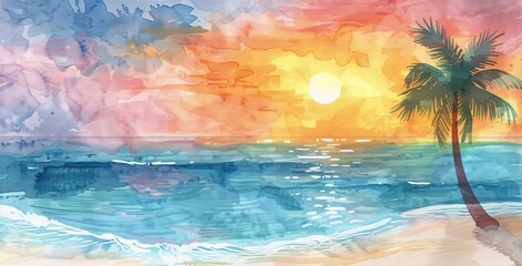 Sunset Surfing: A Colorful Painting of a Beautiful Ocean Scene Generative AI