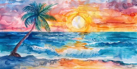 Fototapeta na wymiar Sunset Surfing: A Painted Palm Tree and Sunrise Painting Generative AI