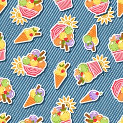 Fototapeta premium Funny seamless denim pattern with stickers with ice cream, sun icon. Detailed texture of blue jeans fabric on background. Summer design.