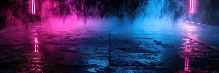 Blue and Pink Neon Abstract Background on Dark Street with Smoke. Night Club Concept