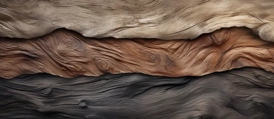 Zelfklevend Fotobehang A closeup of a stack of leather in various colors resembles a landscape with layers of bedrock, soil, and erosion, reminiscent of a trees bark or fur © 2rogan