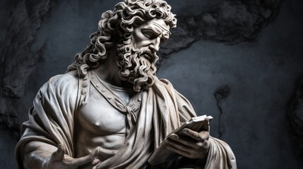 Modern smartphone with ancient greek god statue, minimalist monochrome background, studio lighting