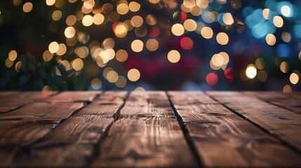 Empty wooden table top with defocused bokeh Christmas Fair lights background. Template for product display - obrazy, fototapety, plakaty