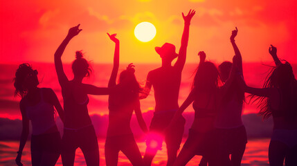 Silhouettes dancing on beach at sunset, tropical palm trees, vibrant summer party scene.