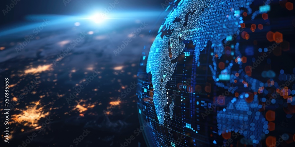 Wall mural data earth in digital space. 3d blue globe with abstract background for business and global technolo