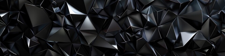 Dark Faceted Texture - 3D Rendered Abstract Black Crystal Background with Triangular Geometric Mosaic Panorama - obrazy, fototapety, plakaty