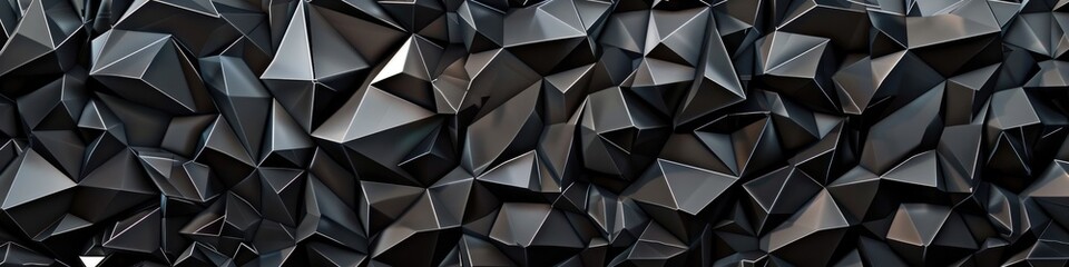 Dark Facet: 3D Render of Abstract Black Crystal Background Featuring a Wide Panoramic Polygonal Wallpaper with Triangular Geometric Mosaic Texture