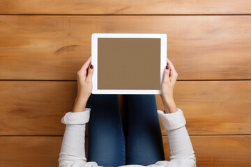 Overhead View of Woman Holding Tablet. Top view of a woman's hands holding a tablet with a brown screen against a wooden background.