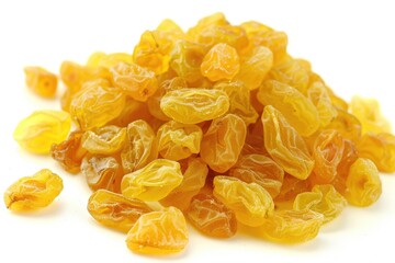 Delicious Golden Raisins. Isolated Yellow Pile of Grapes on a White Background. Sweet Fruit Food