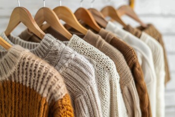 Fototapeta na wymiar Dressing Room with Clothes on Hangers. Woman's Autumn Sweaters and Accessories on Different Hangers in White and Brown Room