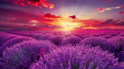 Dramatic Lavender Field Landscape at Sunset with Vibrant Colors and Stunning Cloudscape in Bulgaria - obrazy, fototapety, plakaty