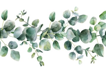 Eucalyptus Watercolor Banner for Invitation or Decoration. Elegant Isolated Leaf Frame with Floral Touch on White Background