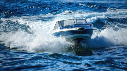 Experience the Power of Fun on the Sea with a Motor Boat: Fuel up and Set Sail on the Blue Waves with the Rich Deck and Life on Board - obrazy, fototapety, plakaty
