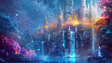 Fantasy Castle by the Waterfall: A Magical Night in December Generative AI